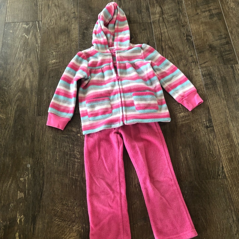 EUC / VGUC 3T Young Hearts Pink Stripe 2PC Fleece Outfit Pants & Hoodie